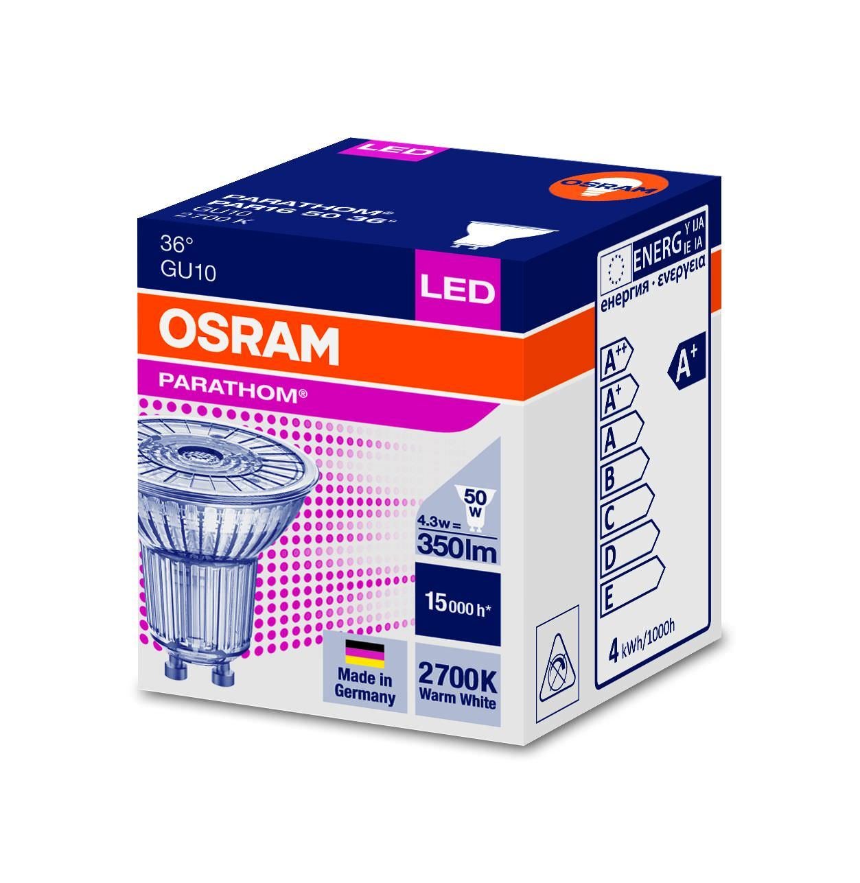 Šviesos diodų lemputė OSRAM, 4,3 W, GU10, 350 lm, 2700K, 36°, atitinka 50 W - 2