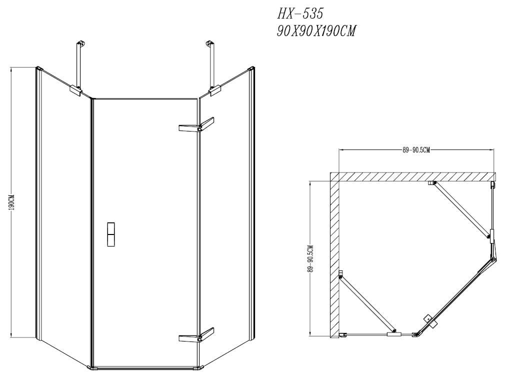 Dušo kabina CREYA LUX FINE , 90 x 90 x 190 cm, penkiakampė - 2