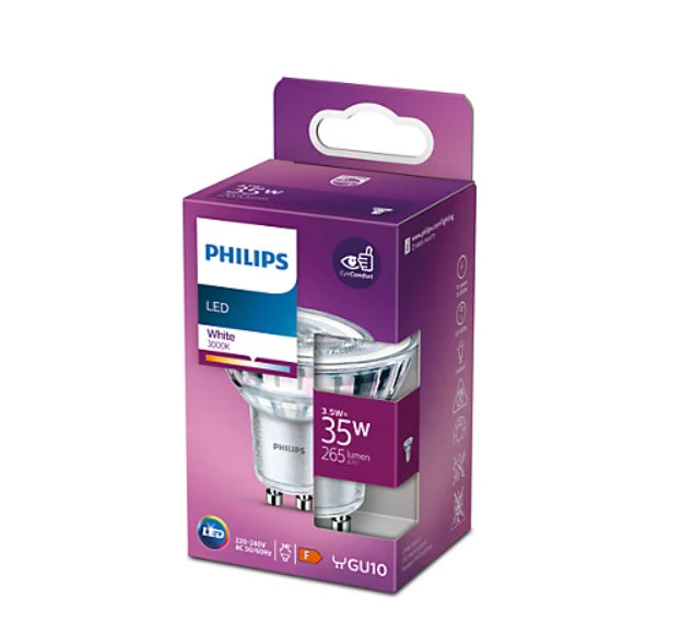 LED lemputė PHILIPS, GU10, 3,5W (=35W), 6500 K, 265 lm, 36°, NON-DIM-1