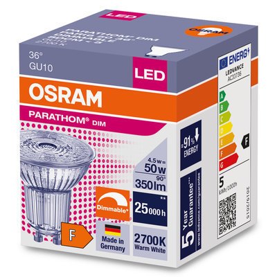Šviesios diodų lemputė OSRAM, 4,6 W, GU10, 350 lm, 2700K, dimeriuojama, 36° - 2