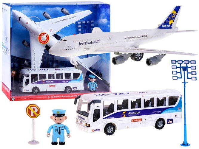 Lėktuvas ir oro uosto autobusas su garsais ir šviesom