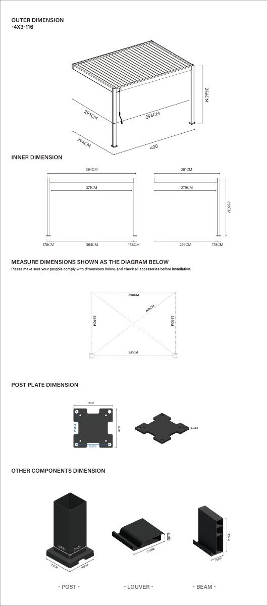 Pavėsinė Pergola ELEGANCE WALL 300x400x256 cm, Anthracite, montuojama prie sienos - 3