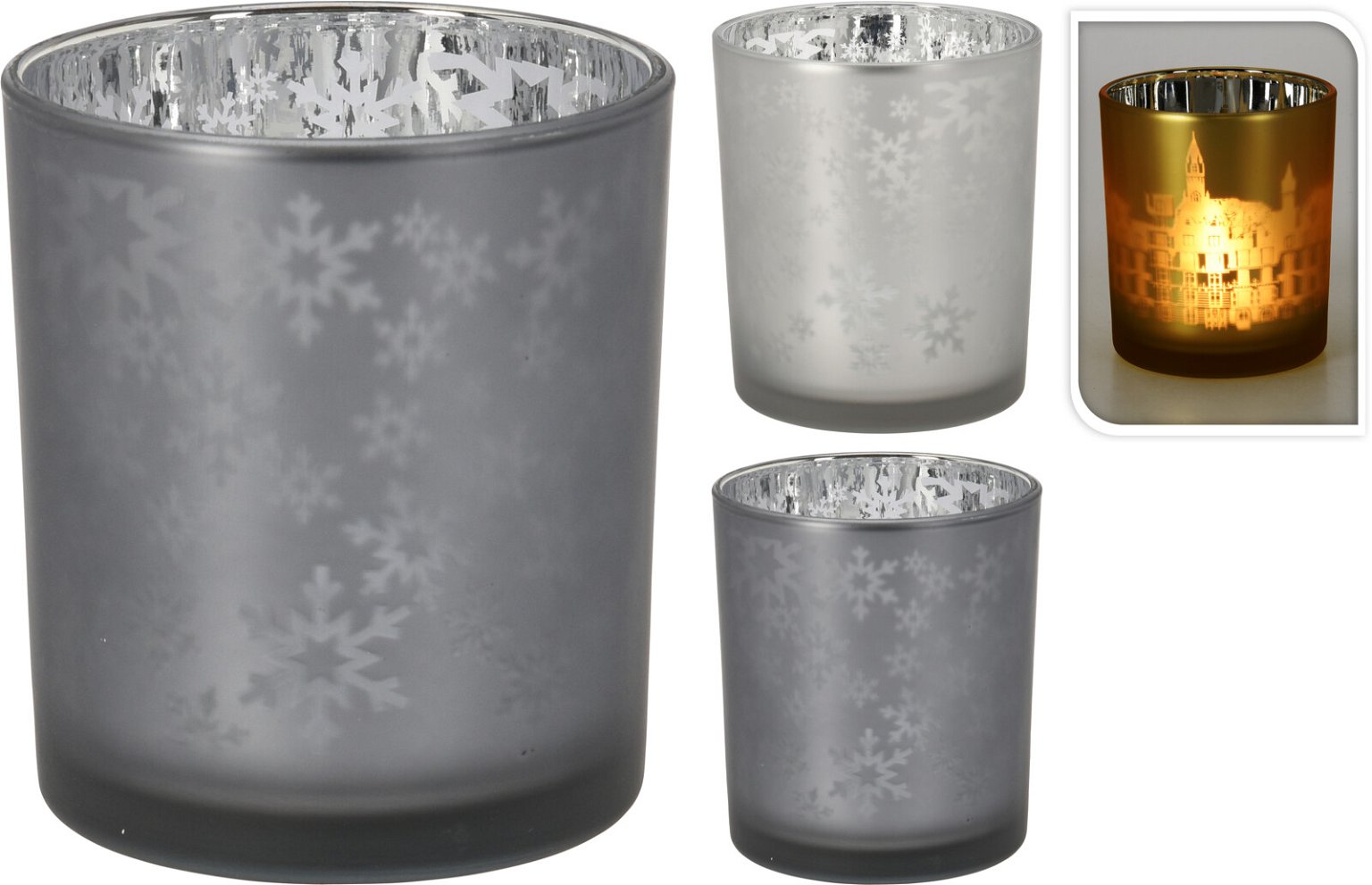 Stiklinė žvakidė SNOWFLAKES, baltos/pilkos sp., 9 x 10 cm