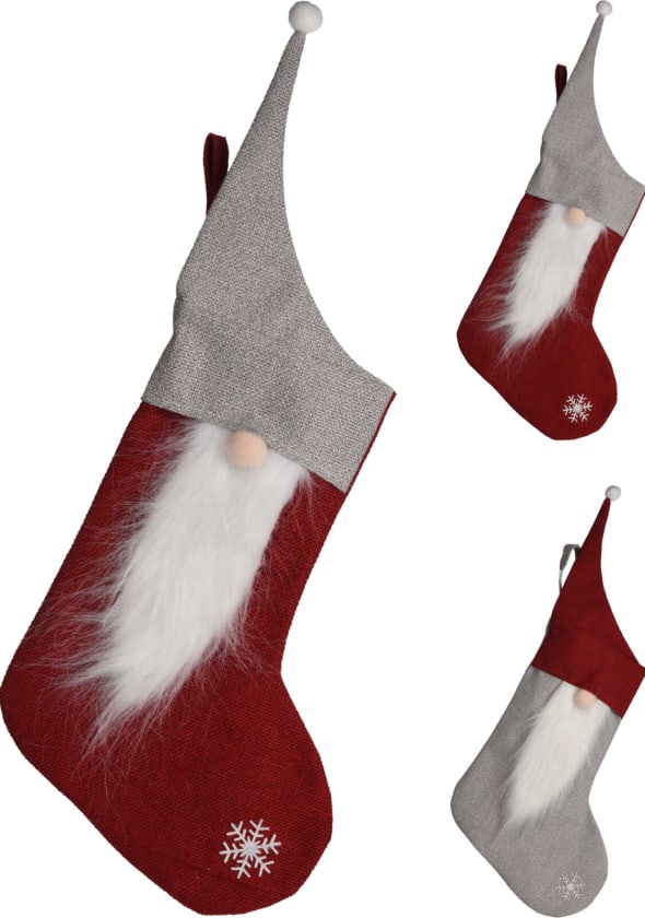 Kalėdinė kojinė XMAS GNOME, raudonos sp.,2 rūšys, 26 x 40 cm