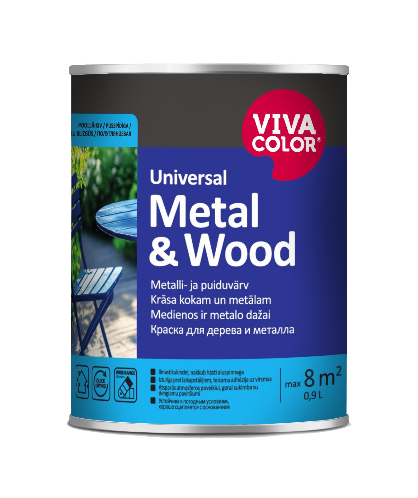 Medžio ir metalo dažai VIVACOLOR UNIVERSAL METAL & WOOD, pusiau blizgūs, baltos sp., 0,9 l-0