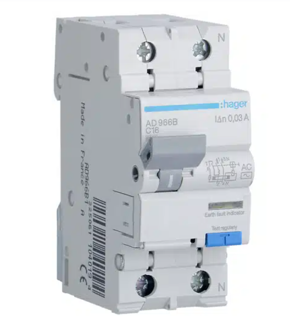 Automatinis jungiklis su srovės nuotėkio rele HAGER, 1P+N, C16A, 6kA, AC tipas, 30mA-0