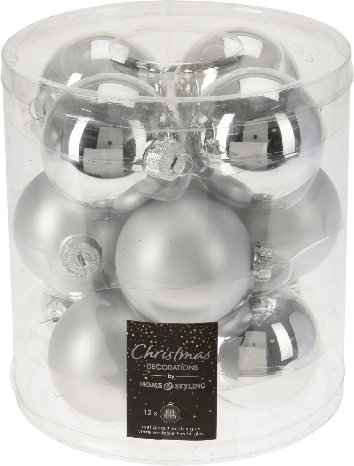 Kalėdinių eglės žaisliukų rinkinys MIXED GLASS, sidabrinės sp., 2 rūšys, 6 cm, 12 vnt.