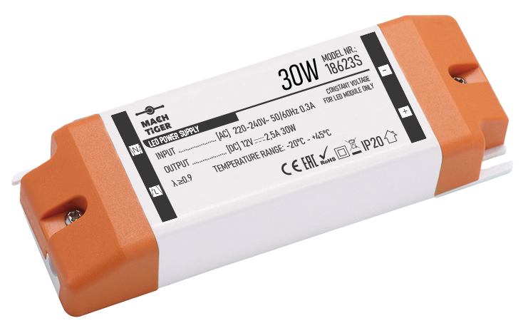 LED transformatorius MACH TIGER, IP20, 30 W, įėjimas AC220-240V, išėjimas DC12V-0
