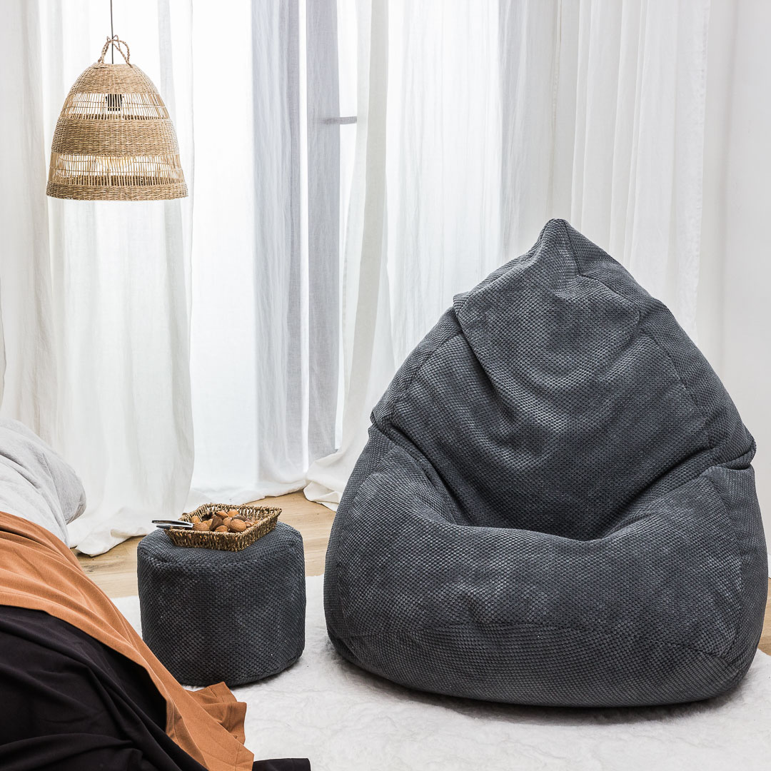 Sėdmaišis su pufu Mega Dot Velour XL, 90x120 cm, tamsiai pilkas-1