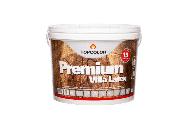 Medinių fasadų dažai TOPCOLOR PREMIUM VILLA LATEX, pusiau matiniai, baltos sp., A bazė, 10 l-0