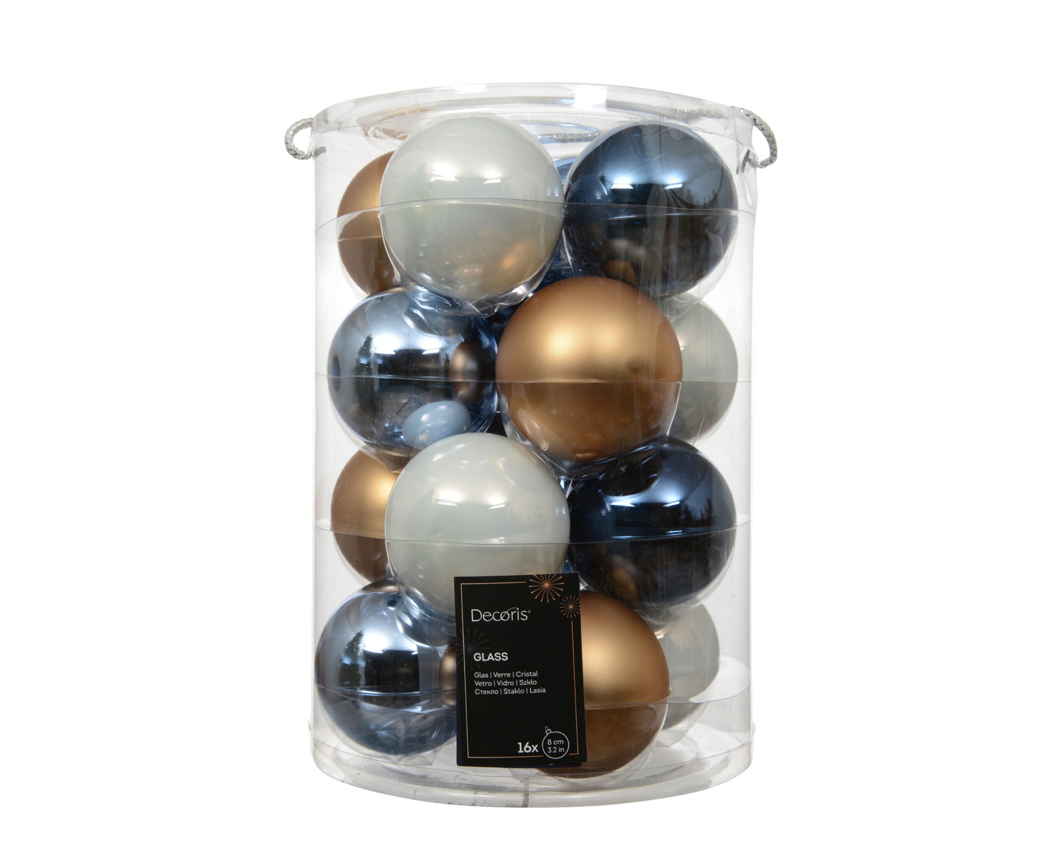 Stiklinių kalėdinių eglės žaisliukų rinkinys BAUBLE, melsvos/rusvos sp., 8 cm, 16 vnt-0
