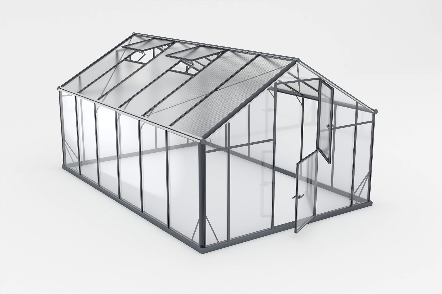 Šiltnamis SANUS HYBRID XL-12 (2,90x4,30m) RAL7016, 4mm grūdinto stiklo sienos, 6mm polikarbonato stogas