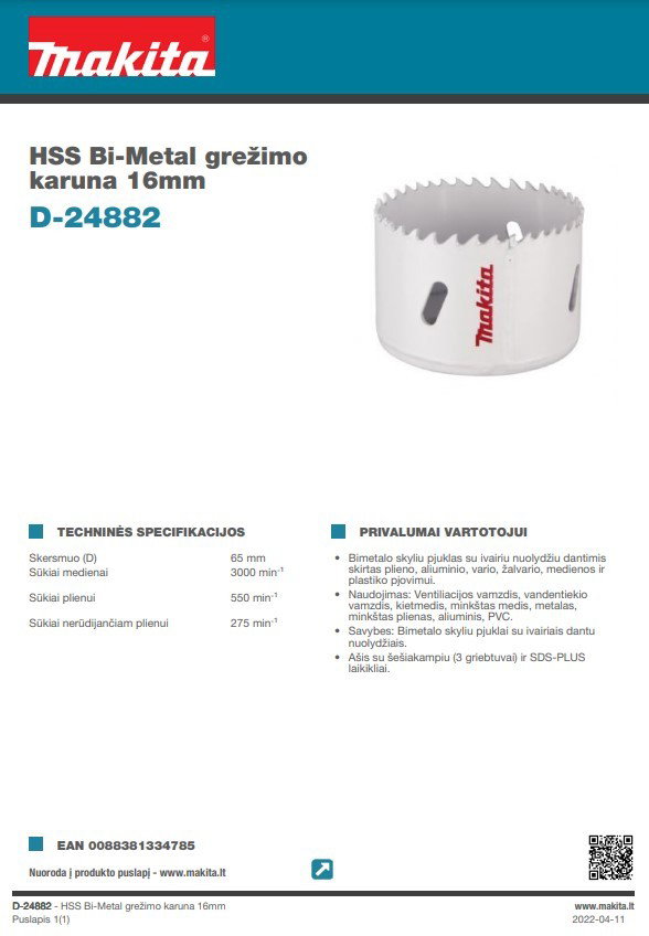 GR 65M-B　銀メッキ Gręžimo karūna MAKITA, HSS Bi-Metal, 65 mm - ermitazas.lt