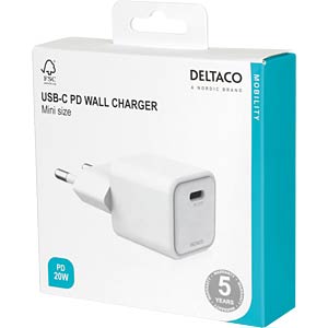 Sieninis įkroviklis DELTACO, 1X USB-C, PD 20 W, USBC-AC150, baltos sp.-1