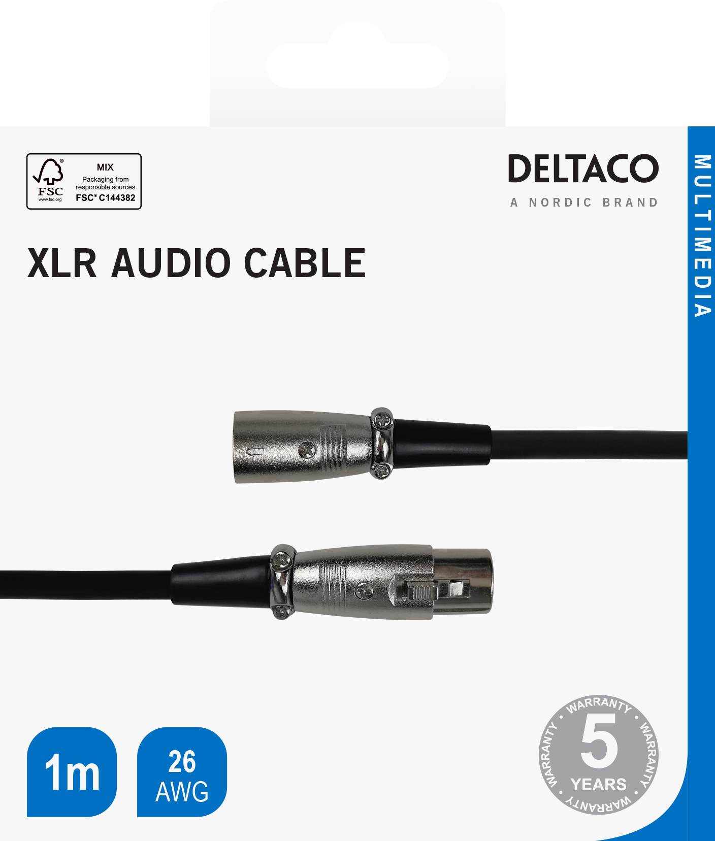 Kabelis DELTACO XLR audio, 3-pin male - 3-pin female, 26 AWG, 1m, juodas - 3