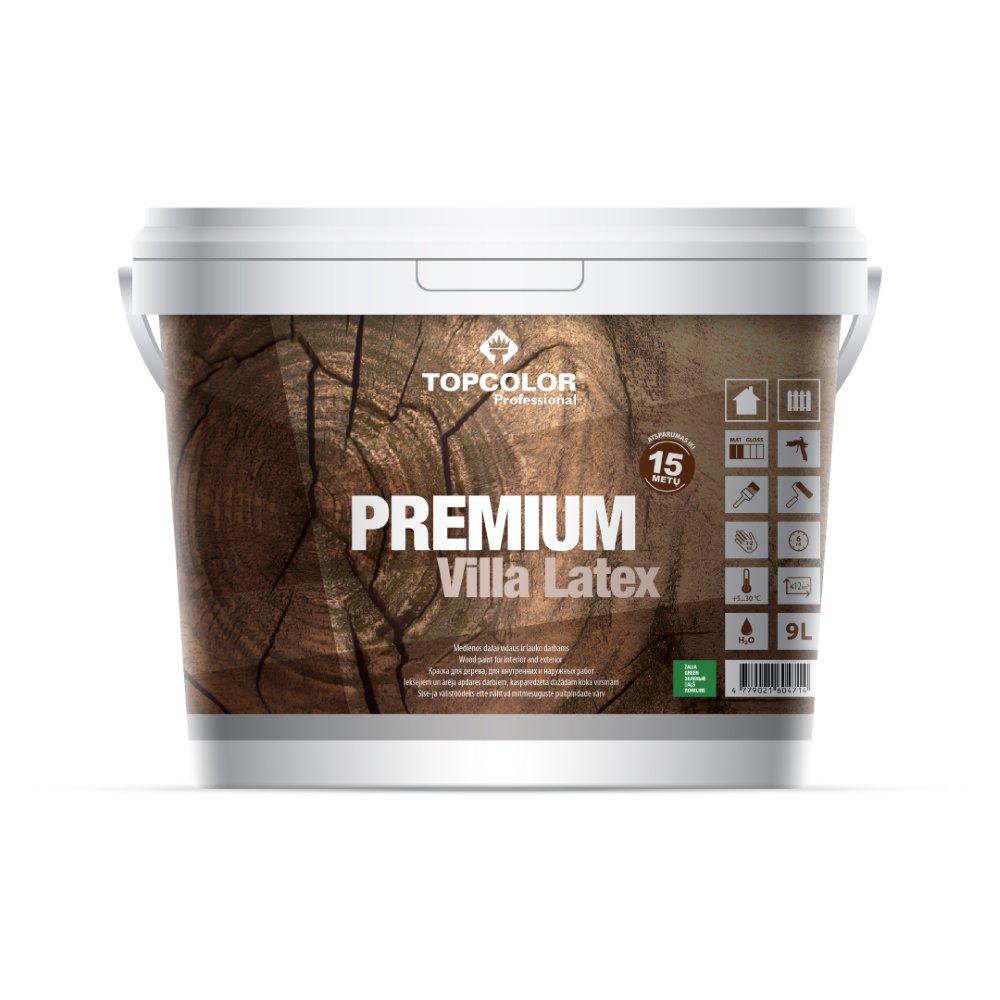 Medinių fasadų dažai TOPCOLOR PREMIUM VILLA LATEX, pusiau matiniai, žalios sp., 9 l-0