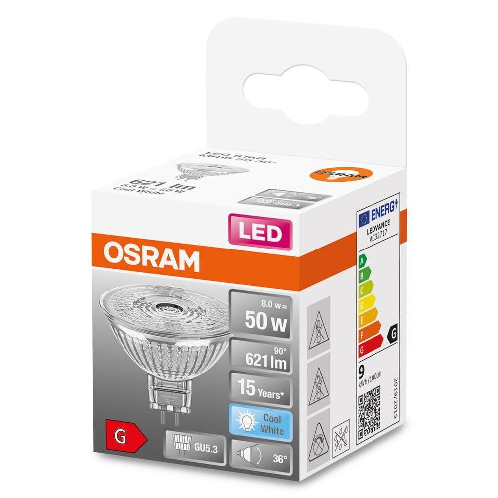 LED lemputė OSRAM Star MR16, GU5.3, 8W, 4000 K, 36°, 621 lm, šaltai baltos sp. - 2