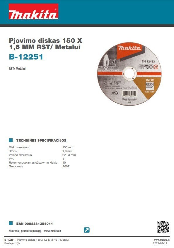 Metalo pjovimo diskas MAKITA, 150 x 1,6 mm, RST - 3