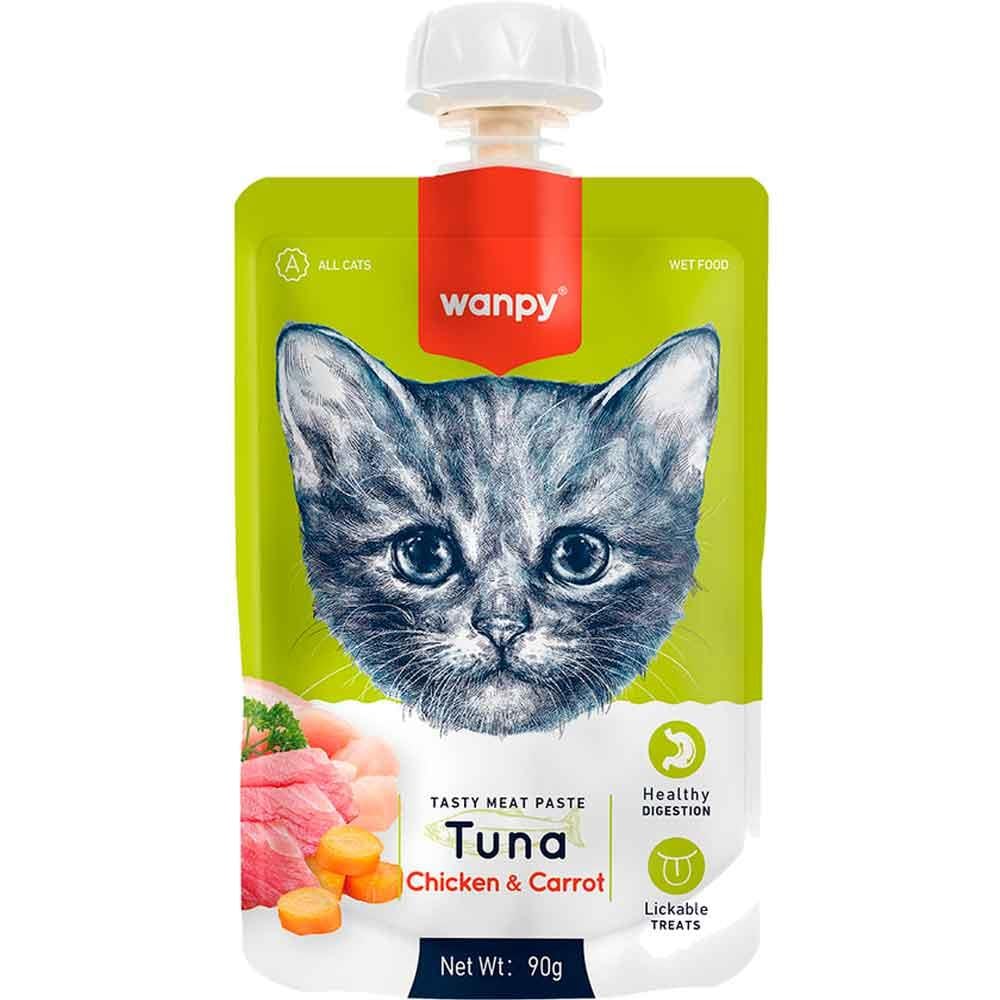Skanėstas katėms WANPY mėsos pasta, su tunu, vištiena ir morkomis, 90 g-0