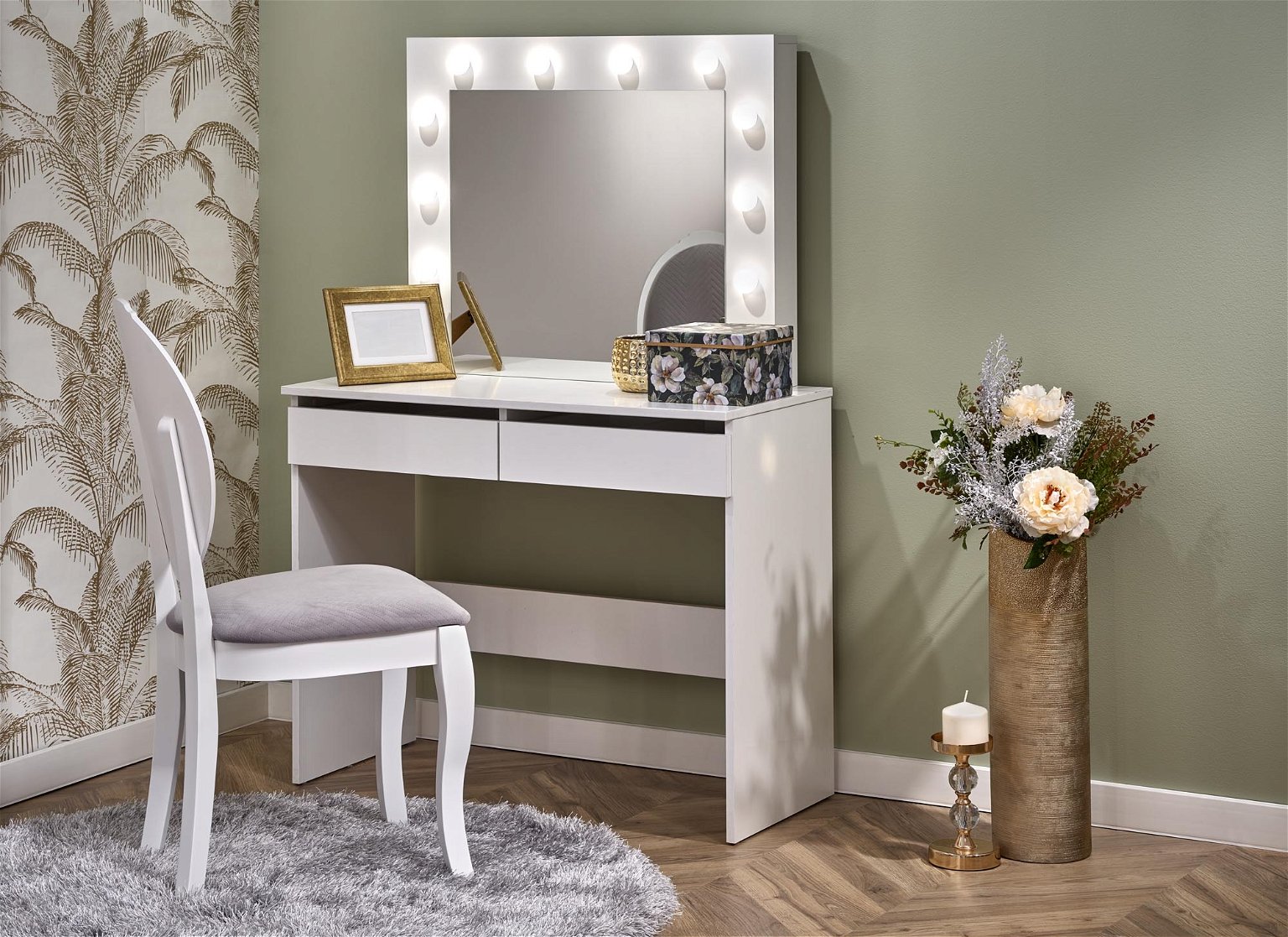 Kosmetinis staliukas HOLLYWOOD su veidrodžiu, baltas