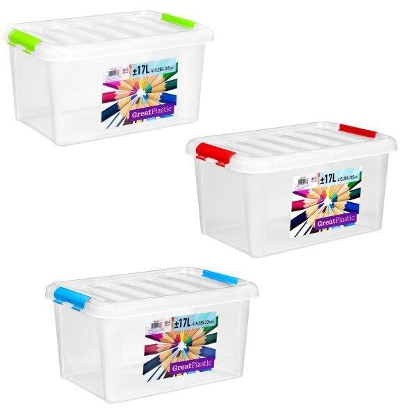 Daiktų laikymo dėžė GreatPlastic, su dangčiu, plastikinė, skaidri, su įv. spalvų rankenomis, 17 L