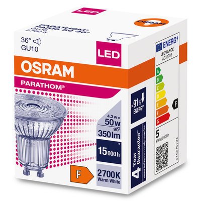 Šviesos diodų lemputė OSRAM, 4,3 W, GU10, 350 lm, 2700K, 36°, atitinka 50 W - 2