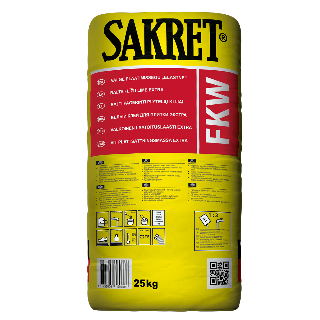 Plytelių klijai SAKRET FKW, padidinto elastingumo, baltos sp., 25 kg-0