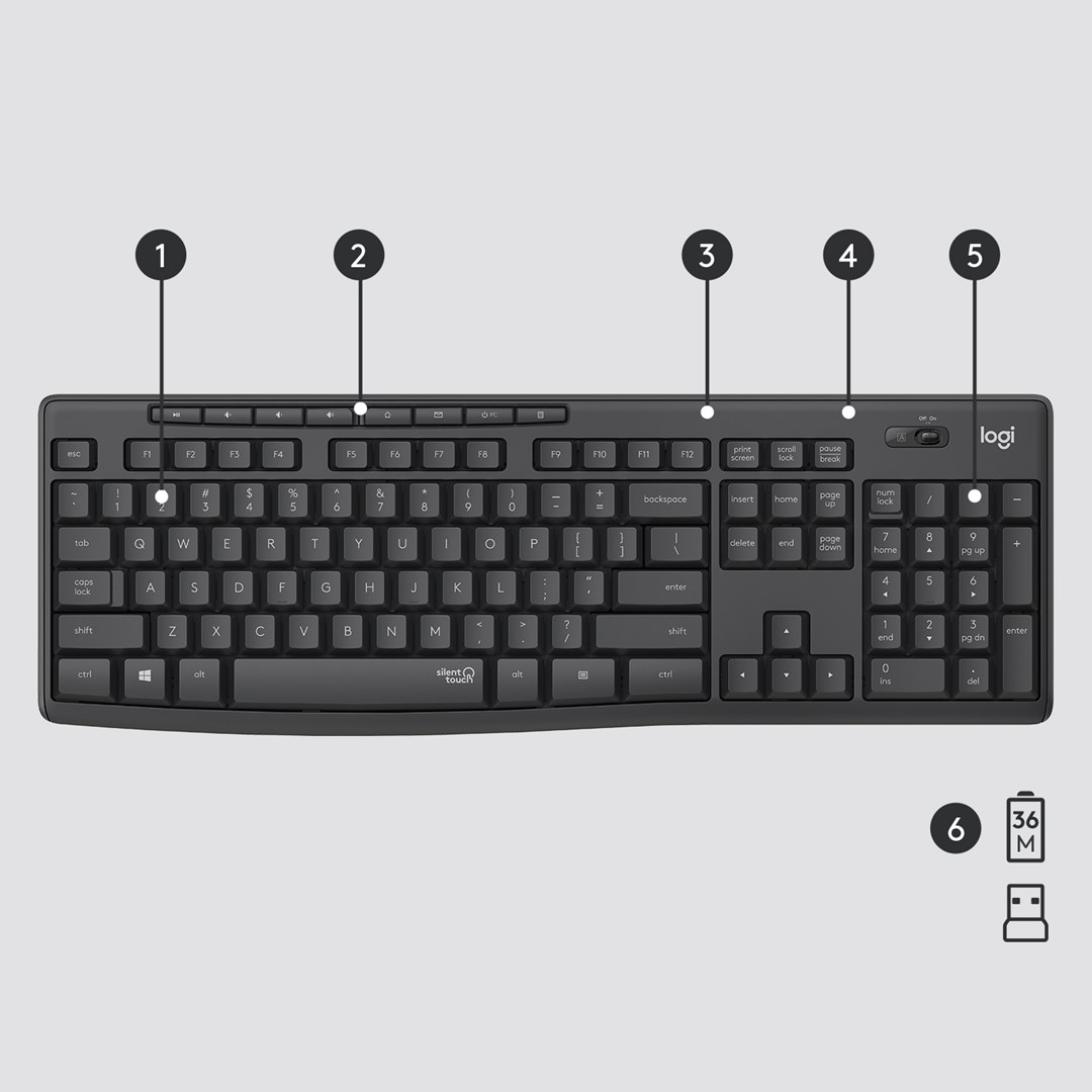 Klaviatūros ir pelės komplektas Logitech MK295 Silent Combo Graphite, EN, juoda, belaidė - 6