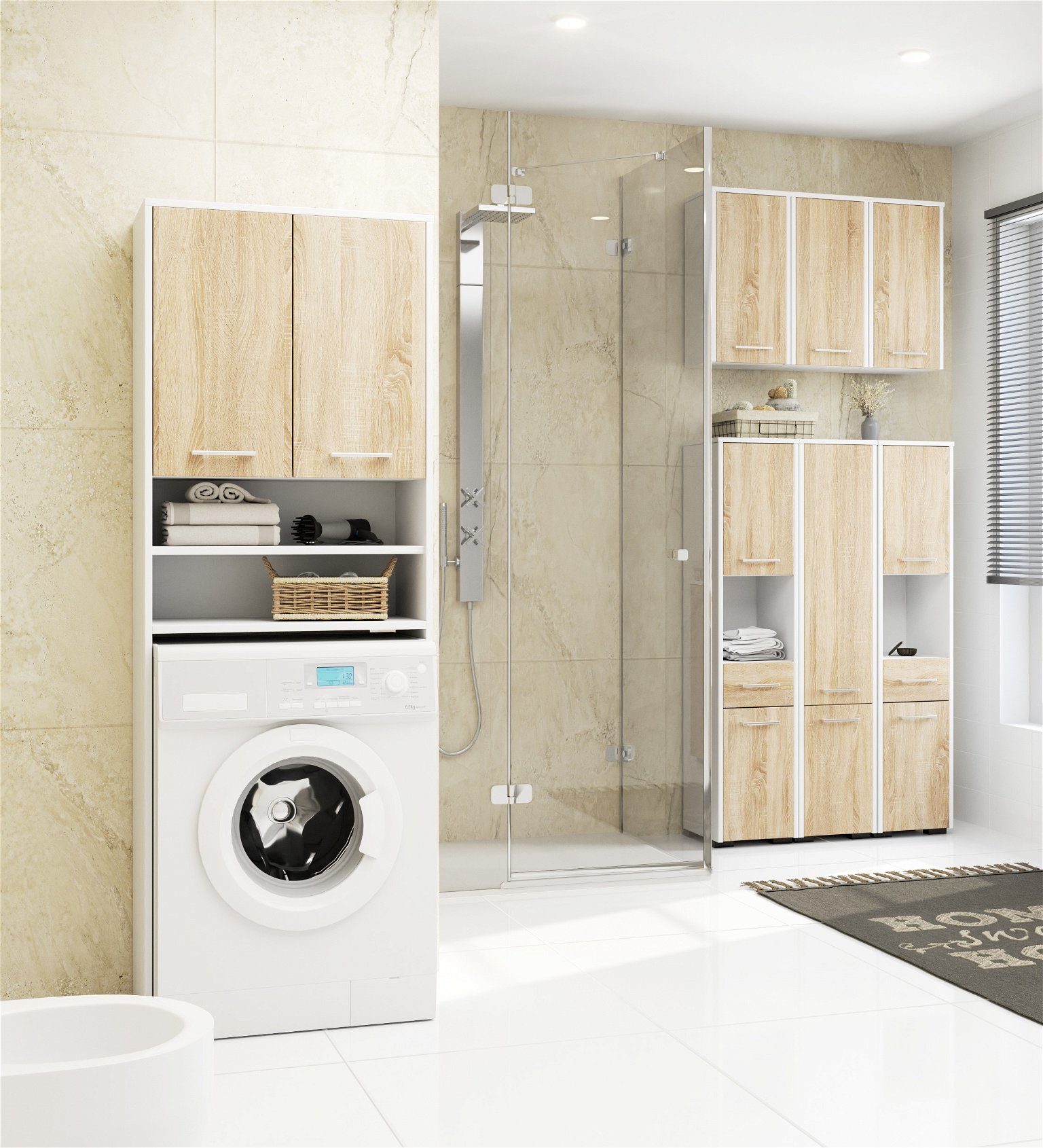 Pastatoma vonios spintelė virš skalbimo mašinos FIN 2D, 60 cm, balta/ąžuolo - 4