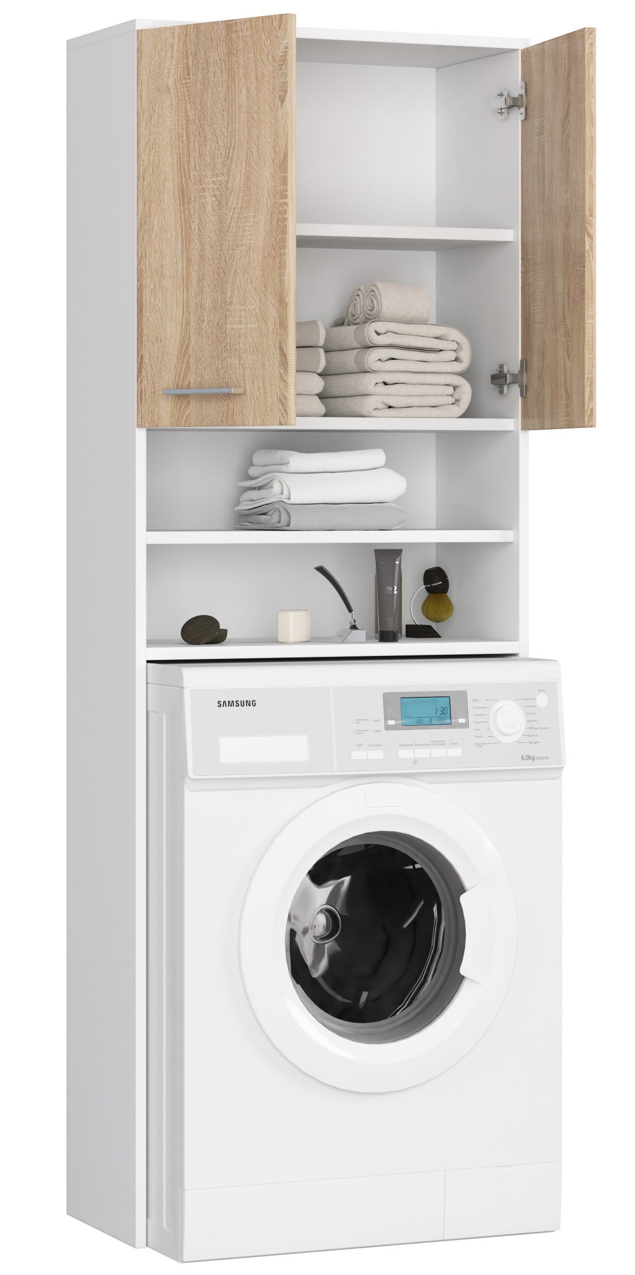 Pastatoma vonios spintelė virš skalbimo mašinos FIN 2D, 60 cm, balta/ąžuolo - 3