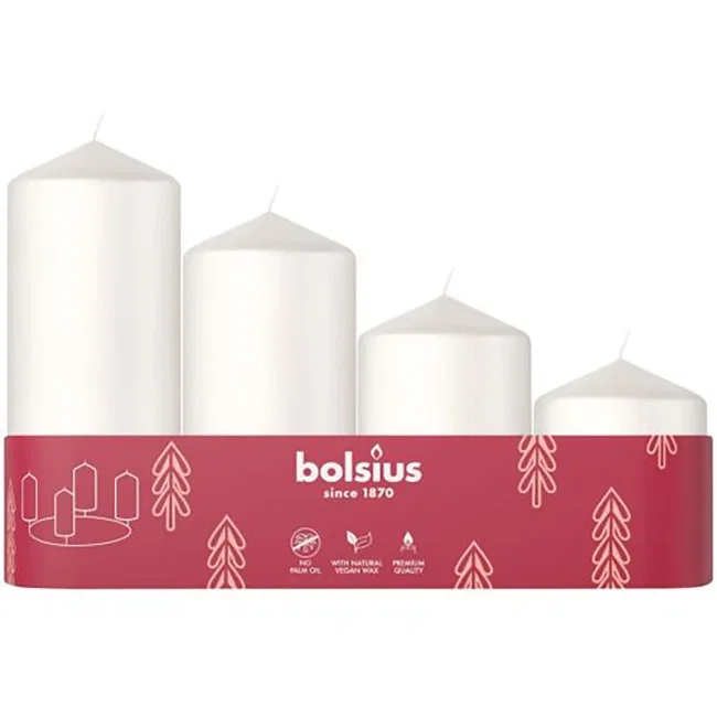 Cilindrinių žvakių rinkinys BOLSIUS, baltos sp., įvairių dydžių, 4 vnt-0