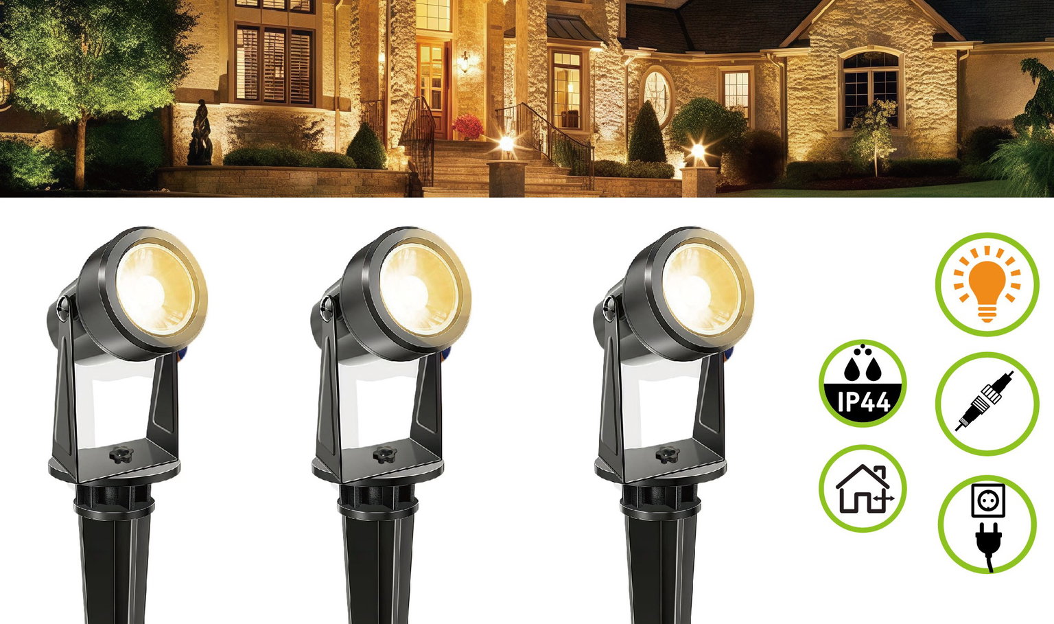 Įsmeigiamas LED lauko šviestuvas, IP44, 3000K, 150lm, šiltai baltos sp, 6,3+5m, sujungiamas, 3 vnt. - 6