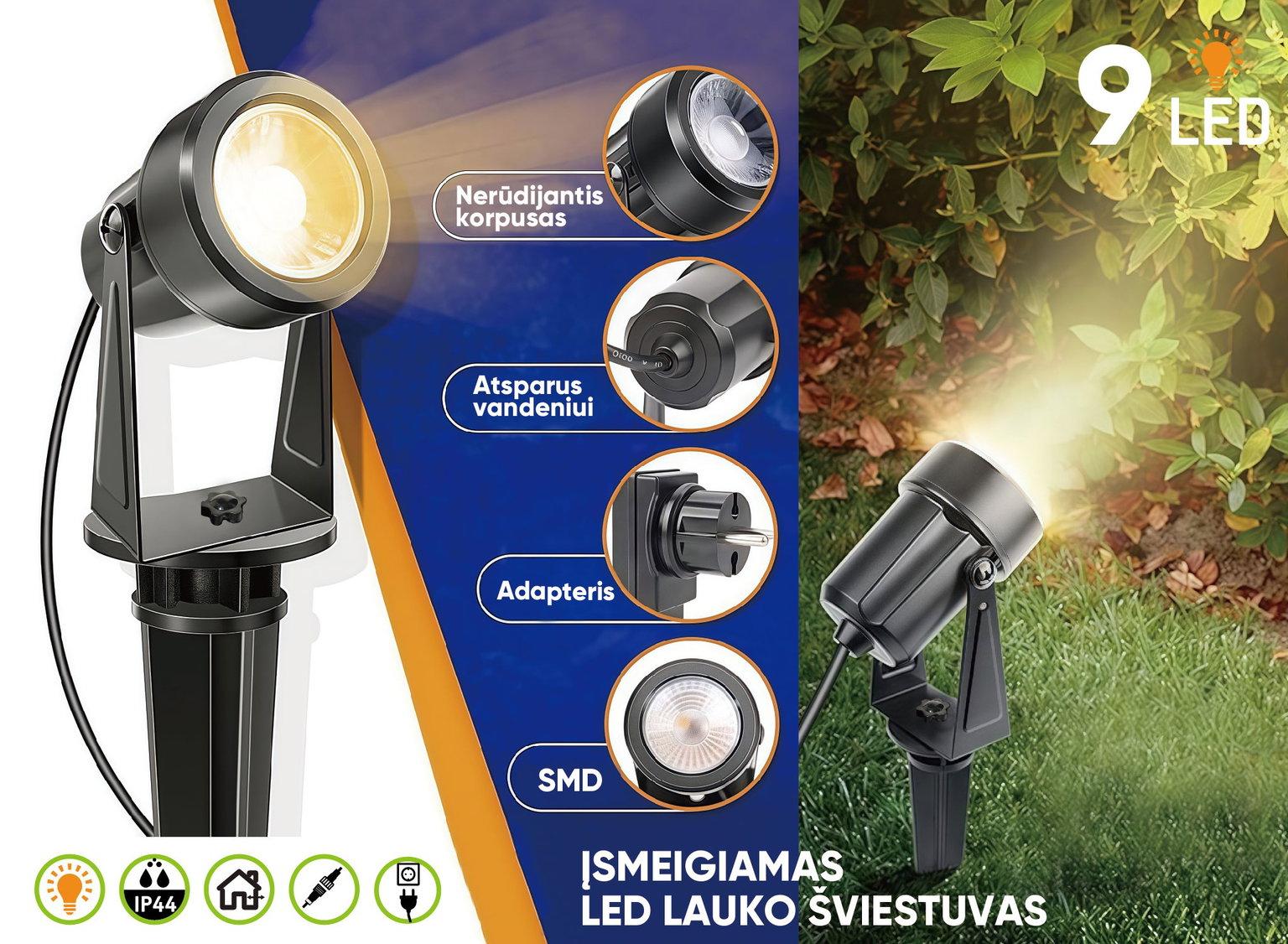 Įsmeigiamas LED lauko šviestuvas, IP44, 3000K, 150lm, šiltai baltos sp, 6,3+5m, sujungiamas, 3 vnt.-0