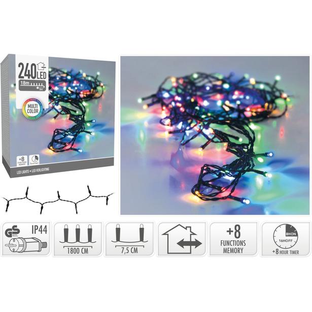Elektrinė girlianda, IP44 240 LED, 8 režimai RGB įvairių spalvų, 6/18val. laikmatis, 18+3m-1