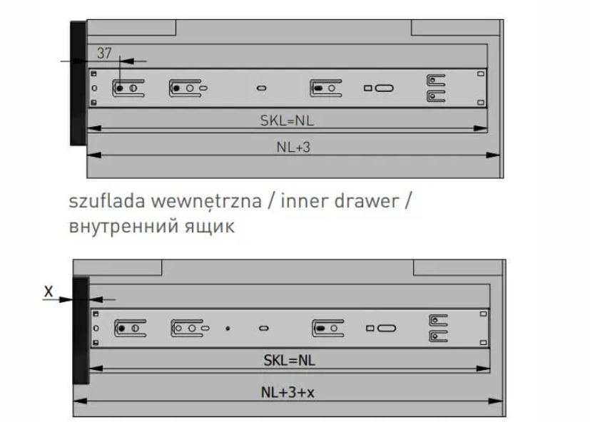 Stalčių bėgeliai, teleskopiniai 450 mm, su tylaus prisitraukimo funkcija, maks. 40kg - 5