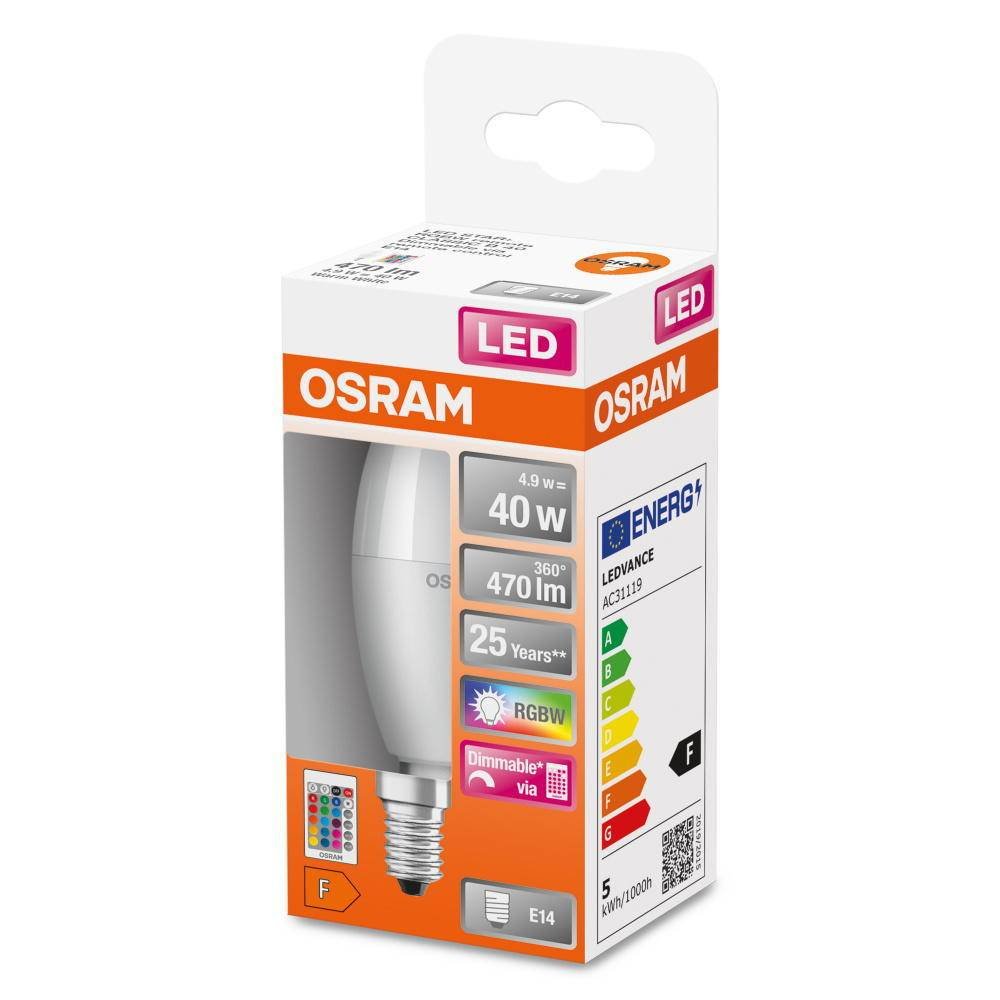 LED lemputė OSRAM, E14, B40, žvakės formos, 4,9W, 2700K, RGBW, 470 lm, matinė, su pulteliu - 2