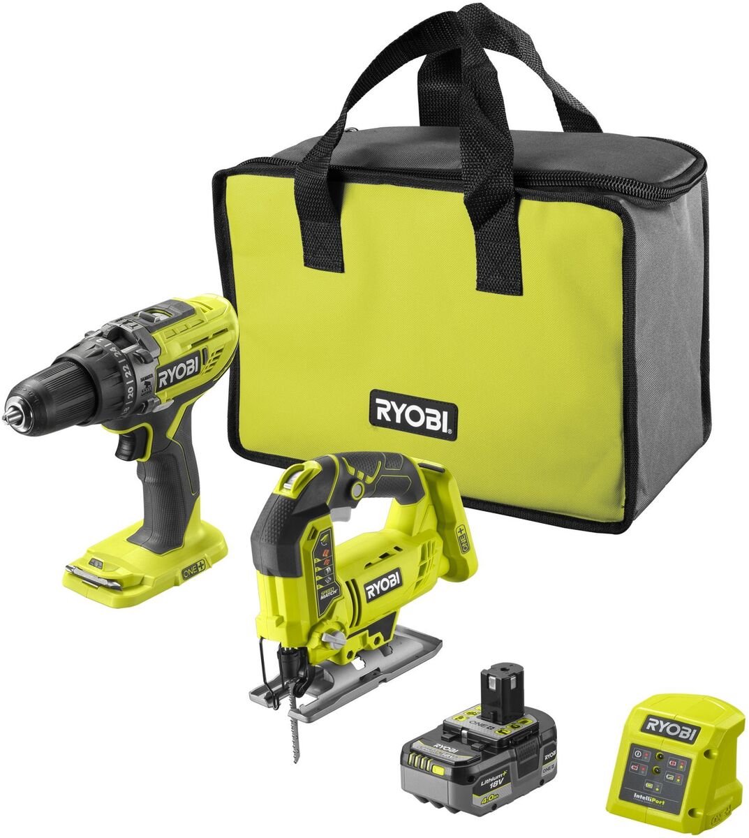 Akumuliatorinių įrankių komplektas RYOBI ONE+ R18CK2PJ-1X40S, 18 V, 4,0 Ah Li-ion, R18PD3 + R18JS-0
