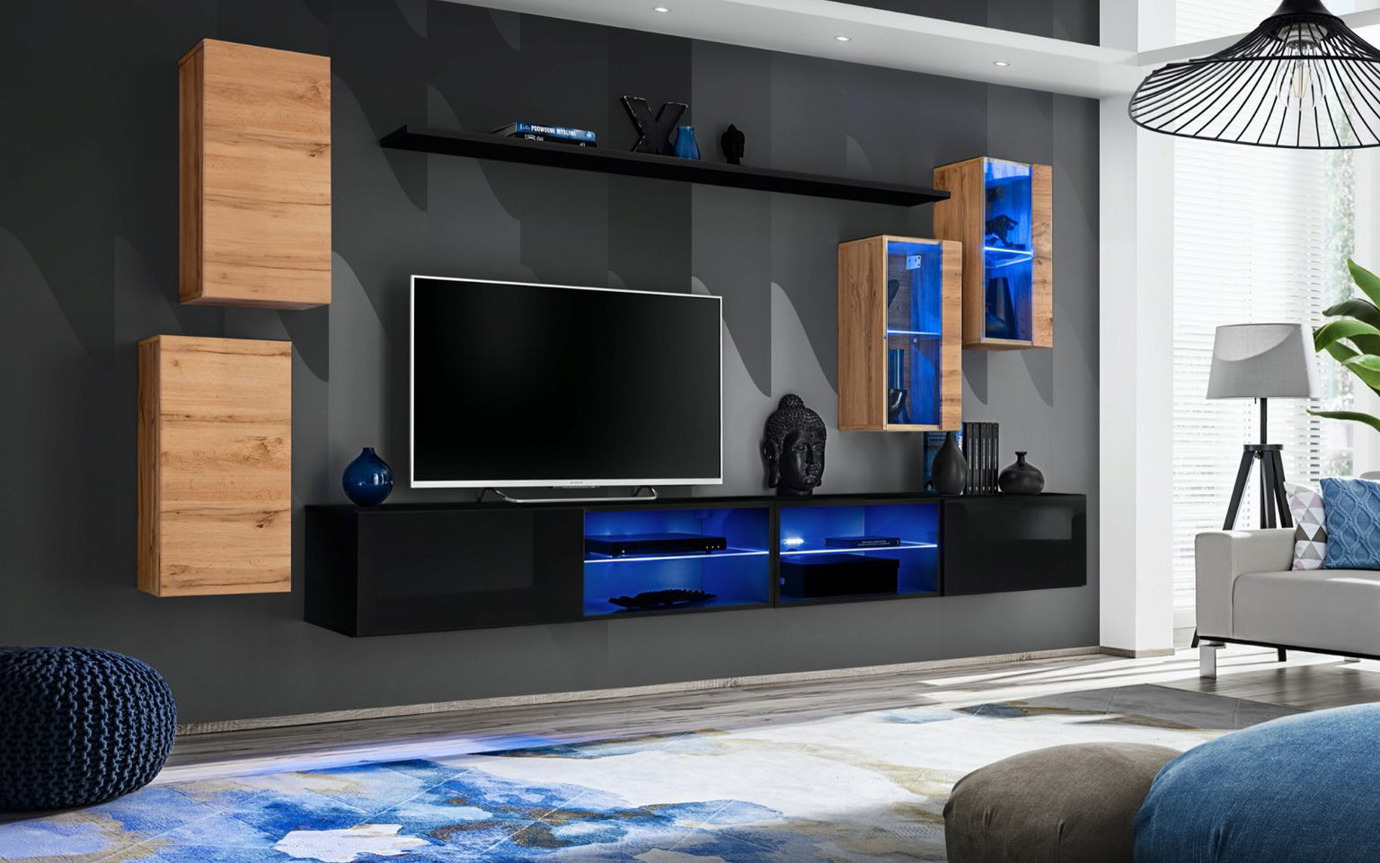 Sekcija Switch XXV su LED apšvietimu, ąžuolo/juoda