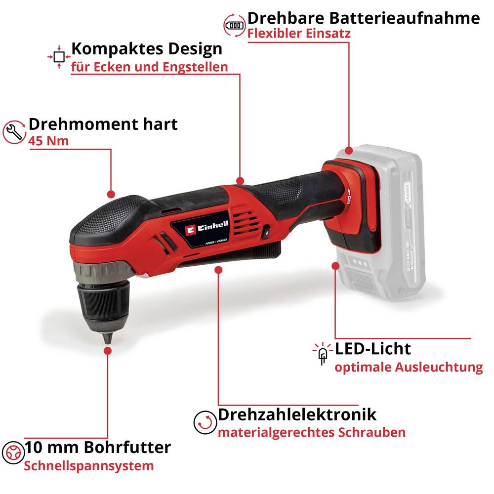 Akumuliatorinis kampinis gręžtuvas EINHELL TE-AD 18 Li-Solo, 18 V, 45 Nm, be akumuliatoriaus - 3