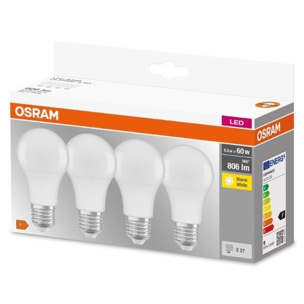 Šviesos diodų lemputės OSRAM, A60, 9 W, E27, 806 lm, 2700K, 4 vnt.