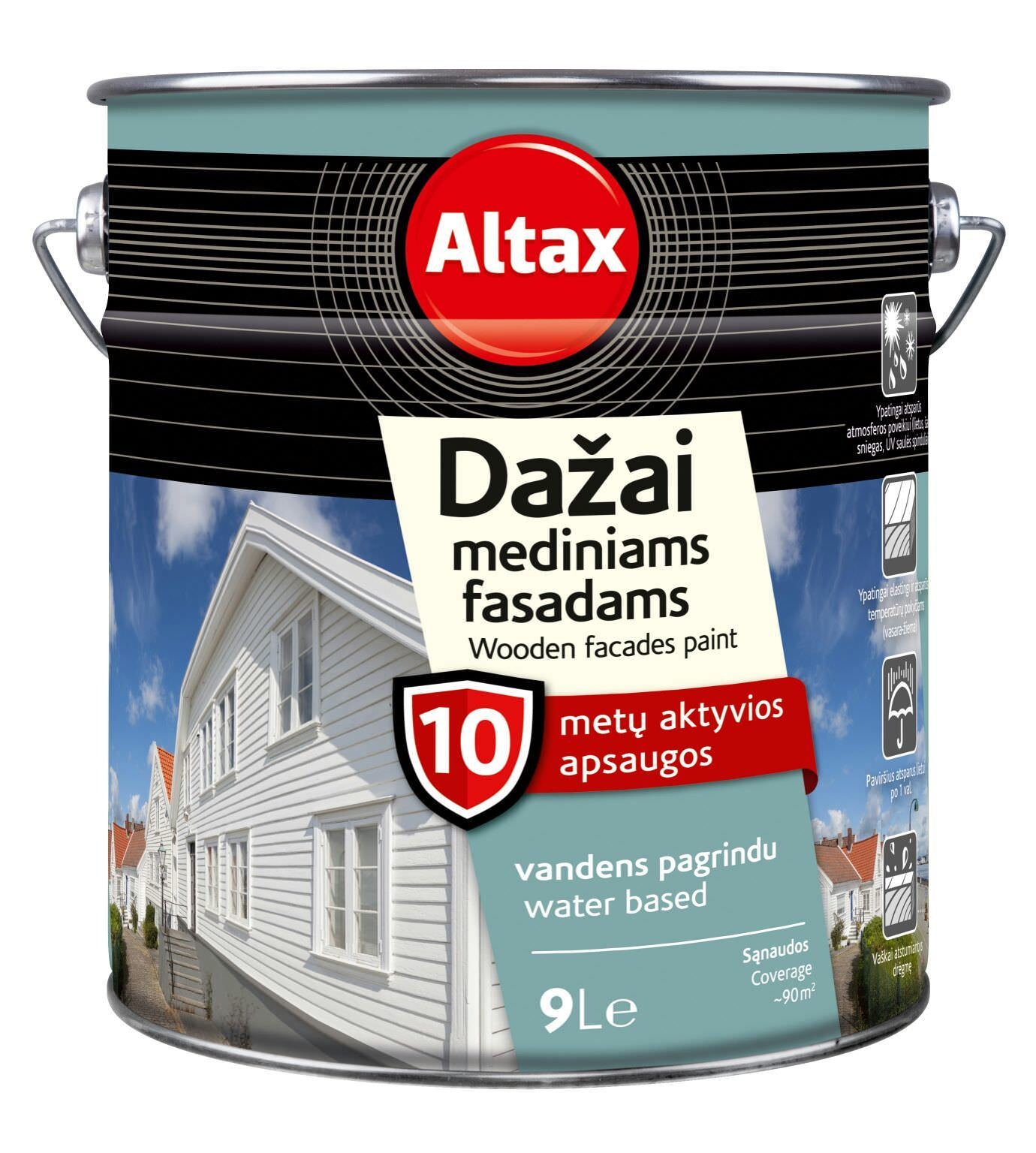Medinių fasadų dažai ALTAX, šv. pilkos sp., 9 l
