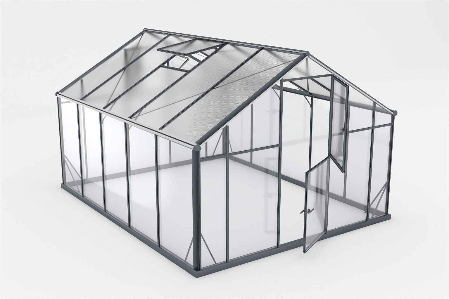 Šiltnamis SANUS HYBRID XL-10 (2,90x3,60m) RAL9005, 4mm grūdinto stiklo sienos, 6mm polikarbonato stogas
