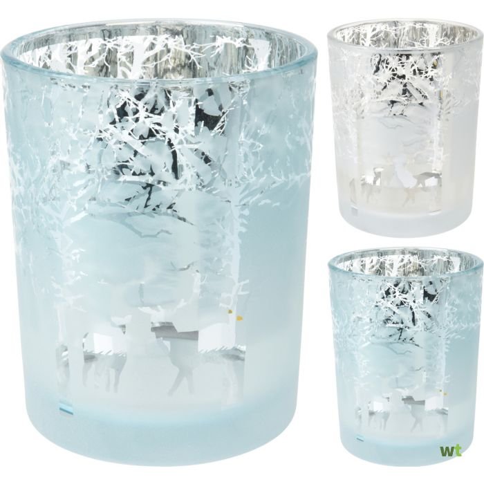 Stiklinė žvakidė FOREST FROSTED, melsvos/baltos sp., 12 cm