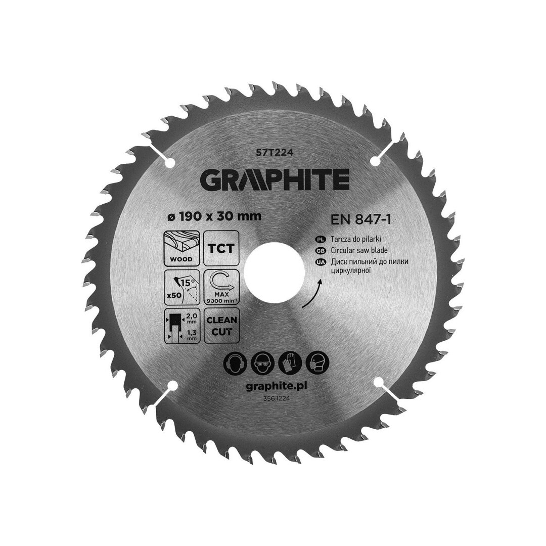 Medžio pjovimo diskas GRAPHITE, 190 x 2,0 x 30 mm, 50 dantų, TCT-0