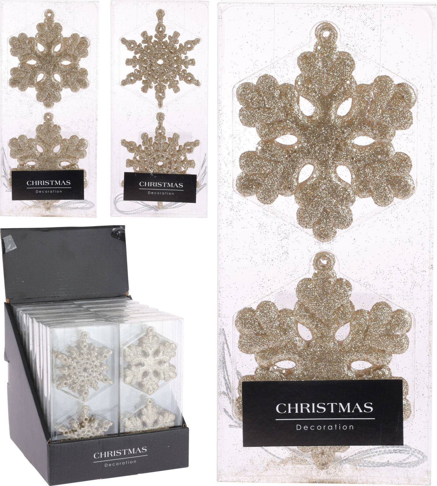 Pakabinamų kalėdinių dekoracijų rinkinys SNOWFLAKE, auksinės sp., 7,5 x 7,5 cm, 4 vnt