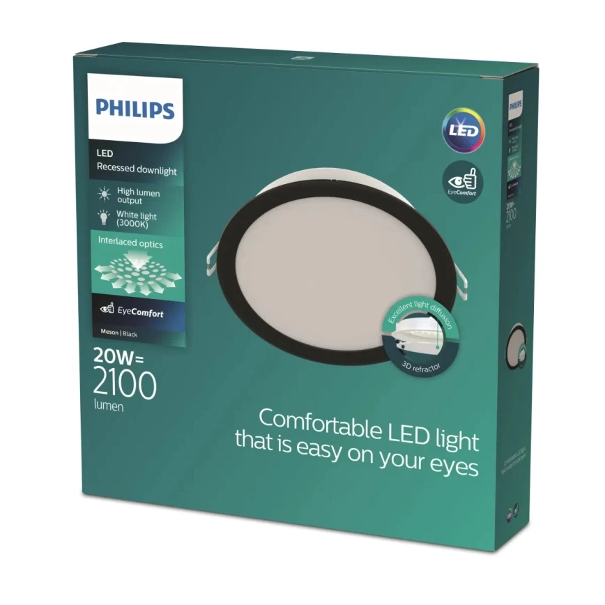 Įleidžiama LED panelė PHILIPS MESON, 20 W, 3000 K, 2100 lm, juodos sp., ø 19 cm - 3