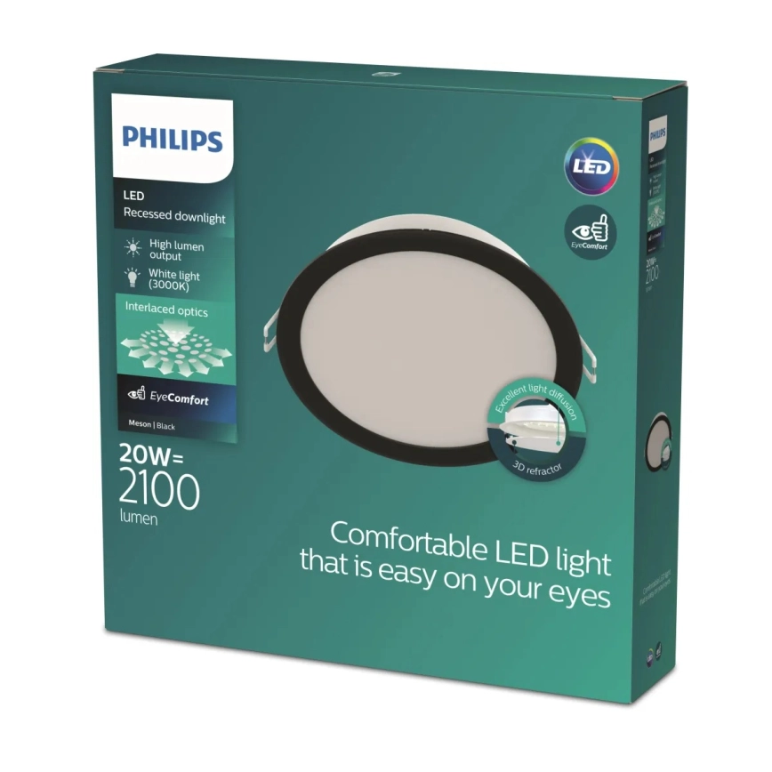 Įleidžiama LED panelė PHILIPS MESON, 20 W, 3000 K, 2100 lm, juodos sp., ø 19 cm - 3
