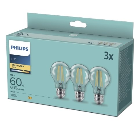 LED lemputėS PHILIPS, E27, A60, 2700 K, 7W (=60W), 806 lm, NON-DIM, 3 vnt. - 1