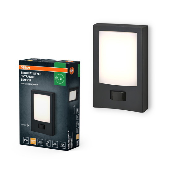 Sieninis LED lauko šviestuvas OSRAM ENDURA ENTRANCE S IP44 3000K 13W1650lm su jud davikliu - 2