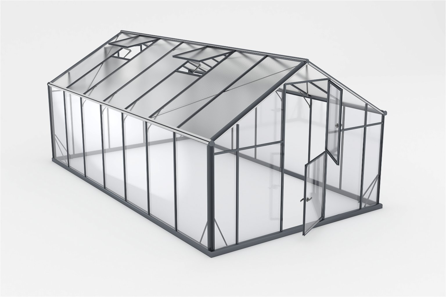 Šiltnamis SANUS HYBRID XL-15 (2,90x5,00m) RAL7016, 4mm grūdinto stiklo sienos, 6mm polikarbonato stogas